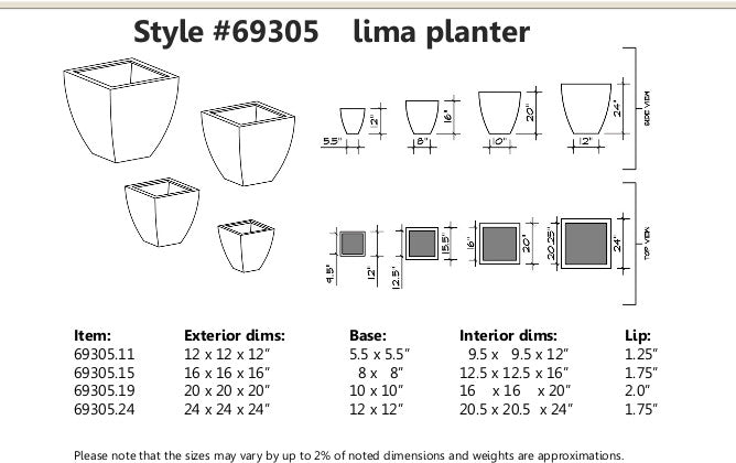 Jay Scotts Lima Square Tapered Fiberglass Planter - 12"L x 12"W x 12"H