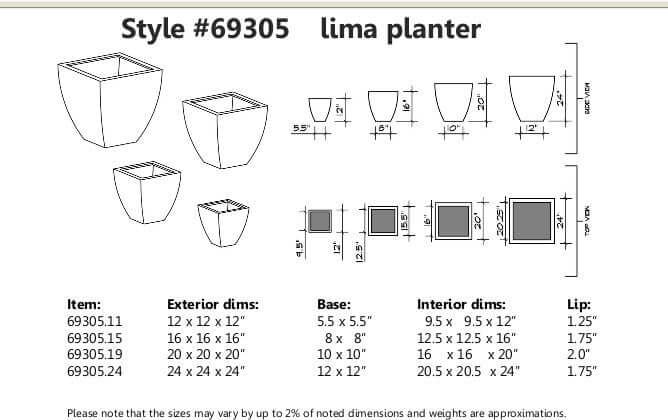Jay Scotts Lima Square Tapered Fiberglass Planter - 12"L x 12"W x 12"H