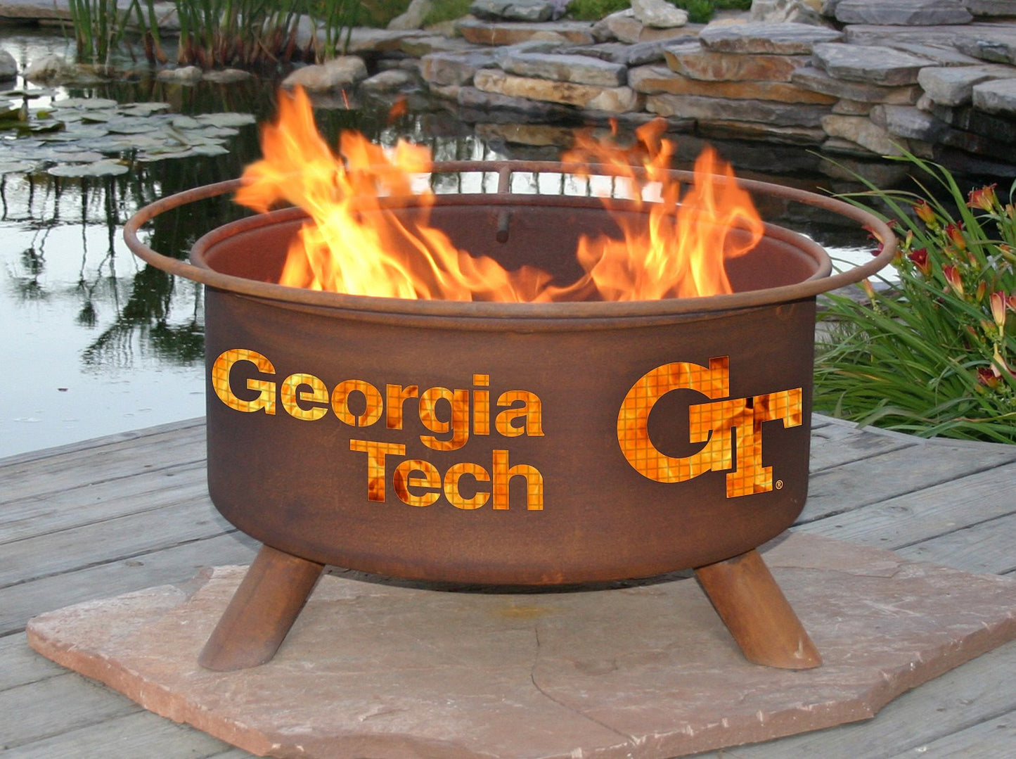 Collegiate Georgia Institute of Tech Logo Wood and Charcoal Steel Fire Pit, Fireplace - Yardify.com