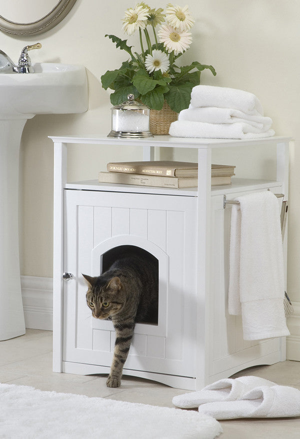 White Cat or Dog Washroom Litter Box Cover / Night Stand Pet House, Cat - Yardify.com