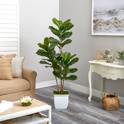 5.5’ Fiddle Leaf Artificial Tree In White Metal Planter UV Resistant (Indoor/Outdoor)