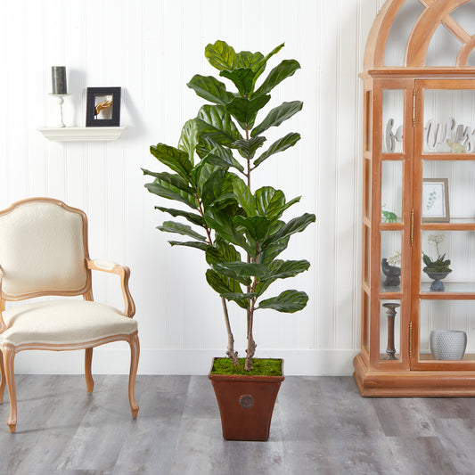 5.5’ Fiddle Leaf Artificial Tree In Brown Planter UV Resistant (Indoor/Outdoor)