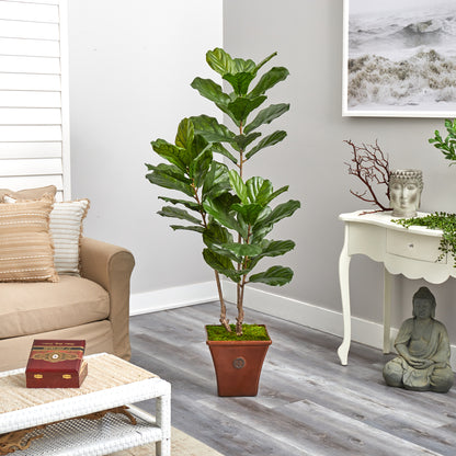 5.5’ Fiddle Leaf Artificial Tree In Brown Planter UV Resistant (Indoor/Outdoor)