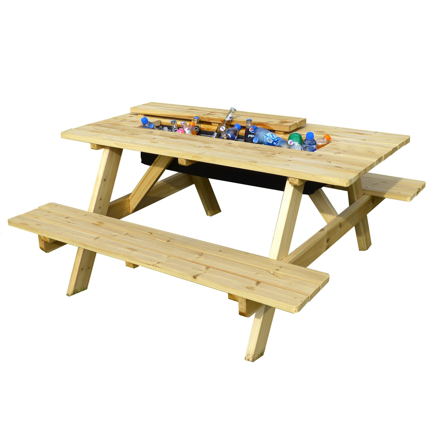 Garden Wooden Picnic Table and Bench with Beverage Cooler, Table - Yardify.com